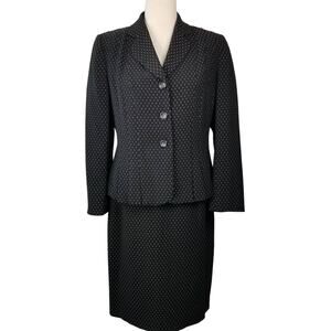 Le Suit Skirt Suit Black White Dot Pleated Jacket Skirt Both Fully Lined NWOT 8P